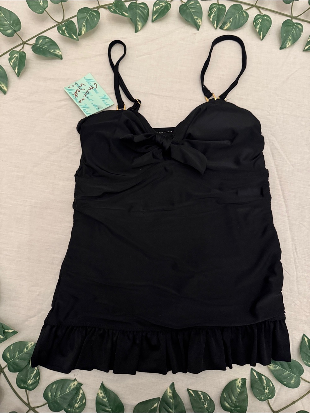 Black Ruffle-Hem Swimdress with Front Bow